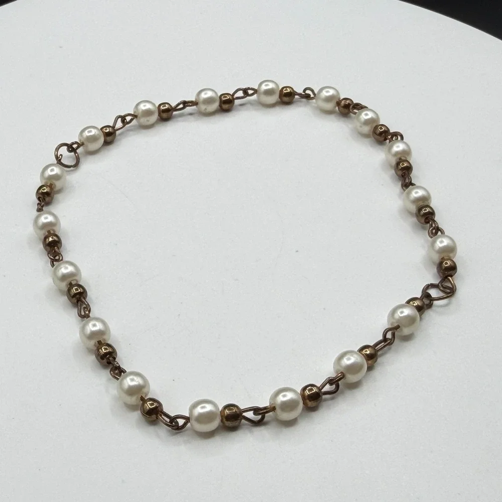 Faux Pearl Bronze Tone Link Chain Bracelet Coquette Romantic Boho Jewelry Gift